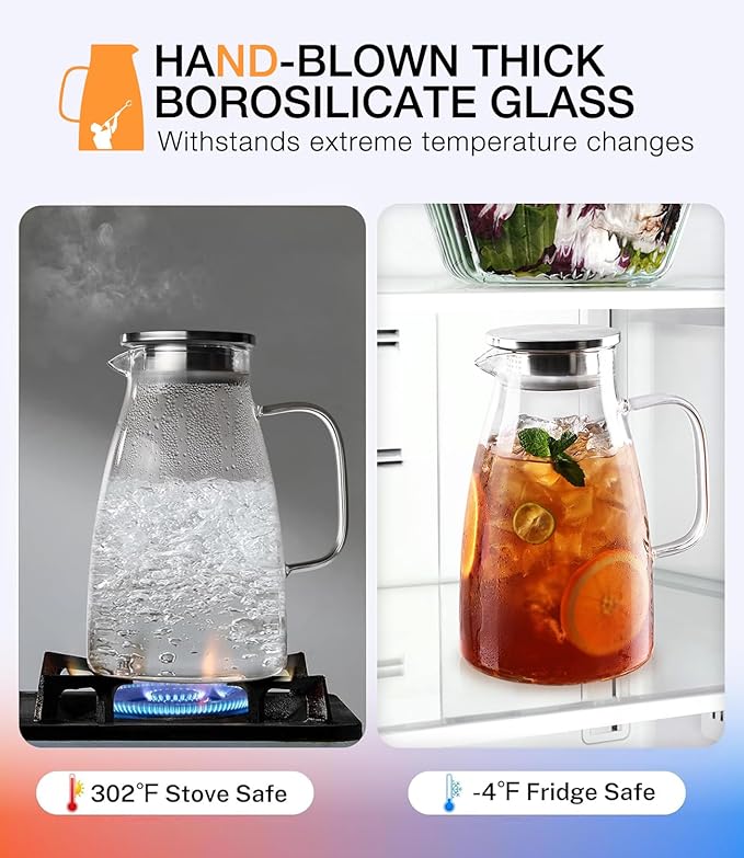 Glass Pitcher with Lid, 2 Liter 68oz Water Pitcher with Handle and Spout for Fridge, Borosilicate Glass for Iced Tea, Juice, Sangria, Cold/Hot Beverage, Large Jug with 2 Silicone Rings