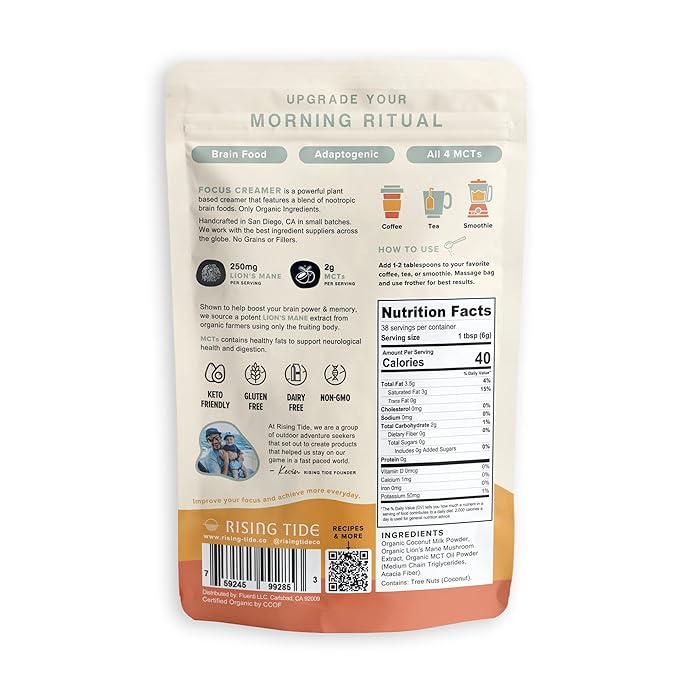 Rising Tide Organic Mushroom Superfood Creamer - Coconut Milk Powder, Lions Mane Mushrooms, & MCT Oil - Dairy Free, Unsweetened, Keto Friendly & Plant-Based - Only 4 Ingredients - Add to Coffee, Matcha or Smoothies