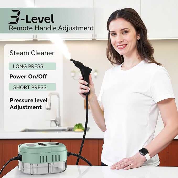 Steam Cleaner, Handheld 2500W Pressurized Heating Steamer for Cleaning,Multi-Purpose Steamer for Home Use with Water Tank, Steam Cleaner for Dirt, Grease,Grout,Tile, Floor,Couch,Car,Green