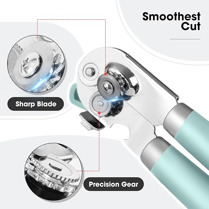 Beneno Can Opener Manual with Magnet, Hand Held Heavy Duty Can Opener with Durable Sharp Blade Smooth Edge, Big Effort-Saving Knob, Soft Grip Rubber Handle, Multifunctional Bottle Opener, Mint
