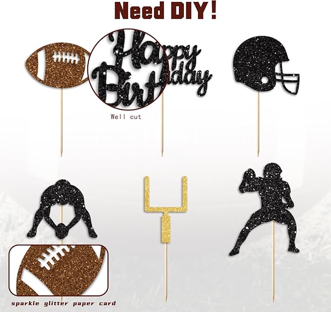 36PC Football Cupcake Toppers for Birthday,Glitter Football Cake Toppers for Boys Birthday,Football Birthday Party Decorations Supplies