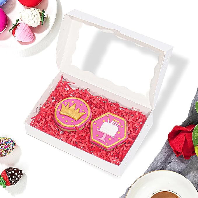 50pcs 7x4.33x1.5 Inch White Bakery Boxes with Window Cookies Chocolate Truffle Macaron Cakesickle Boxes Browines Treat Boxes for Christmas Valentine's Easter Mother's Day