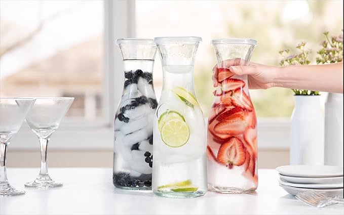 KooK Glass Carafe, Mimosa Bar Supplies, Carafe Pitchers with Lid, Set of 3, Glass Water Pitcher, Drink Dispensers for Parties, Tea, Wine, and Juice, Plastic Lids, Dishwasher Safe, 35 oz