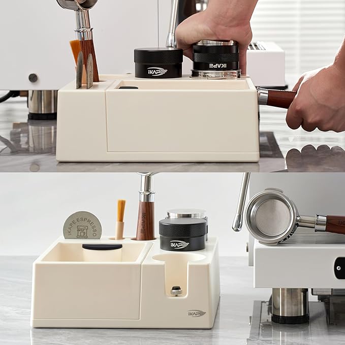 IKAPE Espresso Knock Box, Espresso Coffee Organizer Box Fit for Storage 51, 54, 58MM Espresso Tamper, Distributor, Portafilter & Puck Screen Accessories, Plastic Station Base(White)