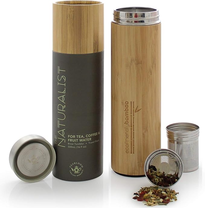 Teabloom All-Beverage Travel Tumbler – Large Capacity 17 oz / 500 ml – Insulated Thermos Mug – Eco-Friendly Bamboo – Hot and Cold Tea Infuser – Cold-Brew Coffee – Fruit-Infused Water – The Naturalist