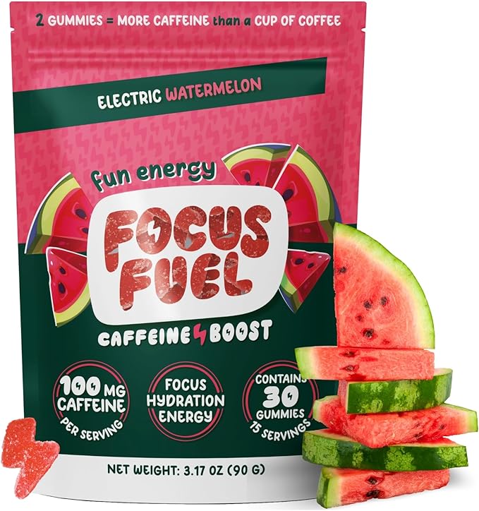 FocusFuel Energy Chews – Watermelon Flavor (15 Servings) – 100mg Caffeine + L-Theanine + B12, Magnesium – All-Natural Energy Boost – No Crash or Jitters