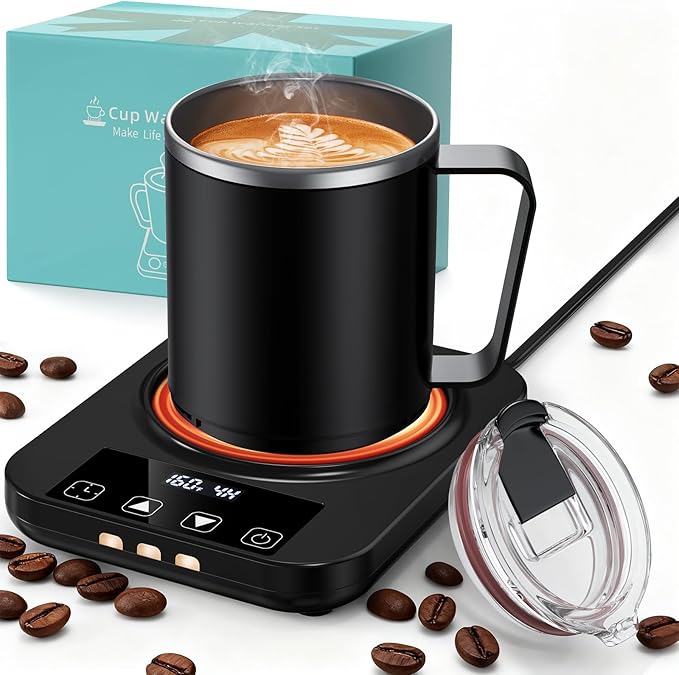 Coffee Mug Warmer & Mug Set for Desk, 36W Electric Coffee Mug Warmer with 16oz Cup, 1-12H Timer Auto Shut Off, 9 Temp Settings Heated Plate for Beverage Tea Water Milk, Coffee Lovers Gifts, Black