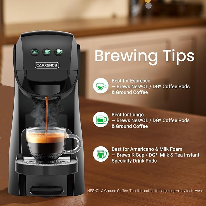 Warriors1 Single Serve Coffee Maker for Keurig K Cup, Espresso Machine for Nespresso Original, Dolce Gusto Pods, Ground Coffee, Cappuccino & Latte Coffee Machine, 20 Bar Espresso Maker, 3 Brew Sizes