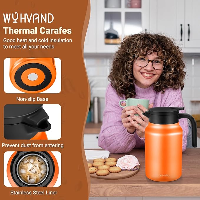 51Oz Thermal Coffee Carafes For Keeping Hot/Cold, Stainless Steel Coffee Carafe, Dustproof Insulated Water Carafe for Party/Home,Orange