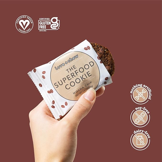 Love + Chew Superfood Soft Baked MINI Cookies, Mocha Chip Flavor, Plant Based Cookie Made With Coffee Extract & Dark Chocolate for Kids and Adults, Vegan Snacks, Gluten Free, Paleo, Non GMO, 80 Pack