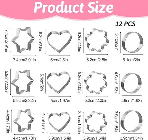 12 Pcs Cookie Cutters Biscuit Cutter Fruit Cutter Shapes Stainless Steel Fondant Cake Mold Heart Flower Star Round Shapes Metal Cutters for Baking