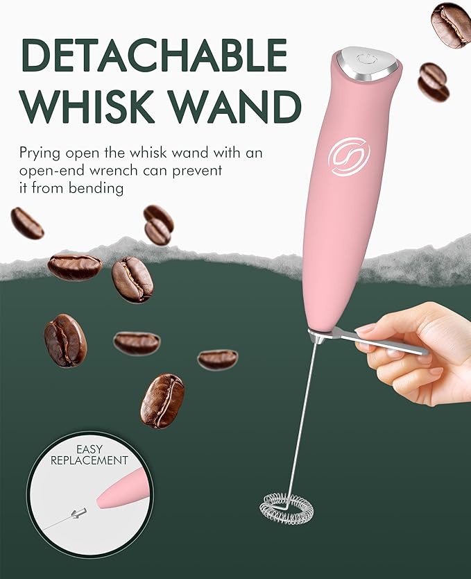 Milk Frother Handheld Frother Wand Drink Mixer Handheld Coffee Stirrers Electric Frother for Coffee Mixer Wand with 2 Whisk frother for protein powder coffee frother handheld-Pink