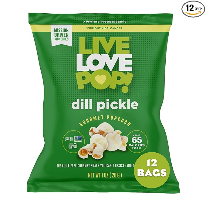 Live Love Pop Dill Pickle Flavored Gourmet Popcorn, 1.0 Oz (Pack of 12), Individual Snack Size Bags, Healthy Snack, Gluten Free, Vegan & Non-GMO, Mission Driven Munchies