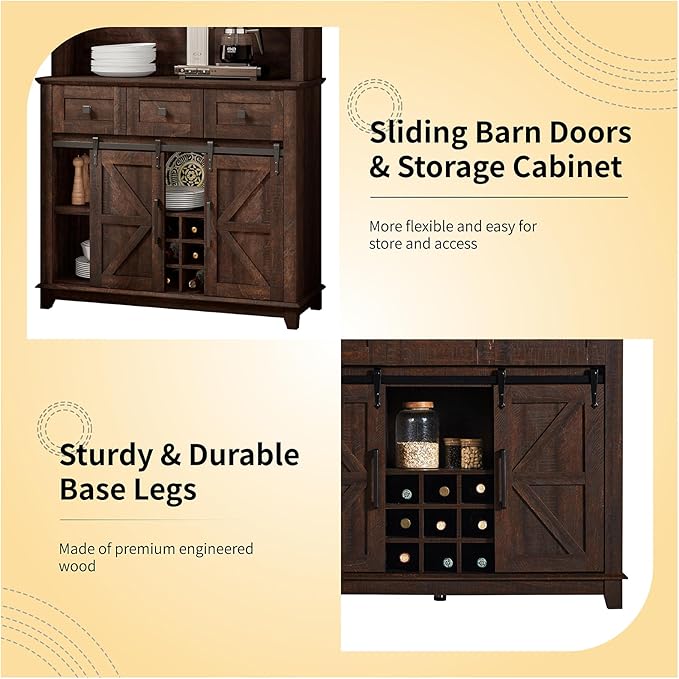 72" Coffee Bar Wine Cabinet with Sliding Barn Door & LED Lights, Sideboard Buffet Cabinet with Wine Bottle Rack, 3 Drawers, Storage Cabinets for Kitchen, Dining Room, Brown