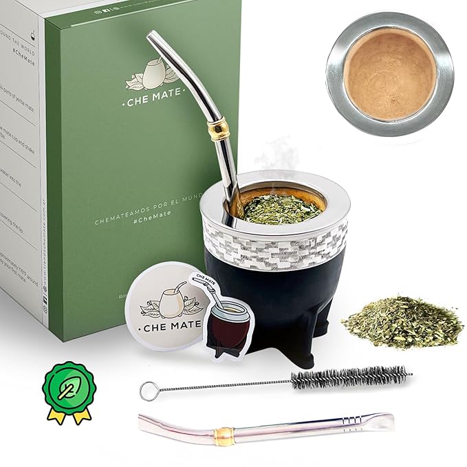 Premium Argentina-Uruguay Yerba Mate Cup and Bombilla Set, Organic Gourd Tea Mug with Steel Straw (Bombilla) and Cleaning Brush, Handcrafted for Loose Leaf Yerba Mate Tea - Imperial Version