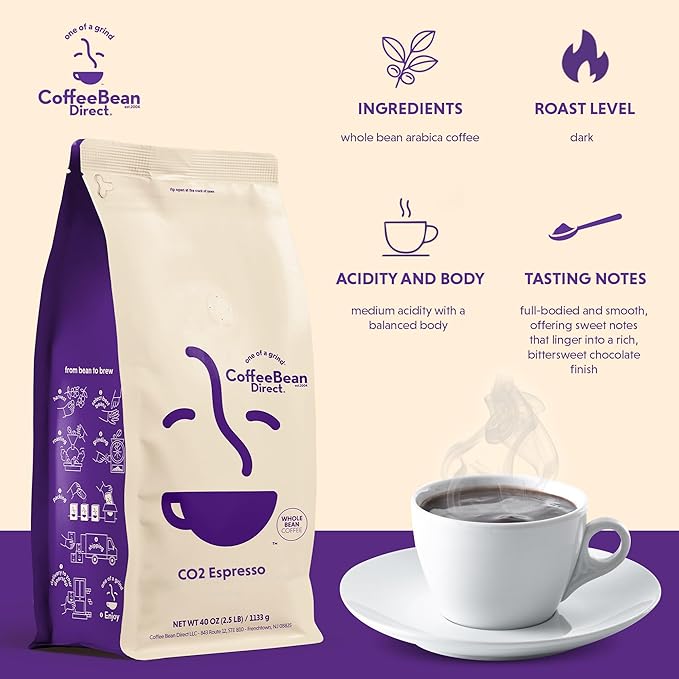 Coffee Bean Direct CO2 Espresso, Whole Bean Coffee, Dark Roast, 2.5 Pound Bag (Pack of 1)