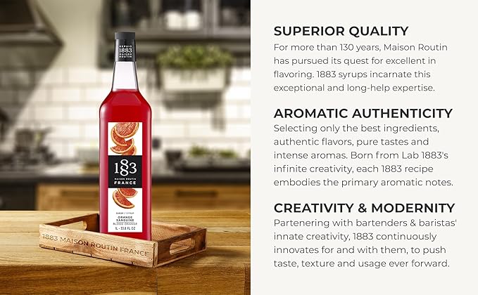1883 Blood Orange Syrup for Drinks, Made in France, 1 Liter Glass Bottle