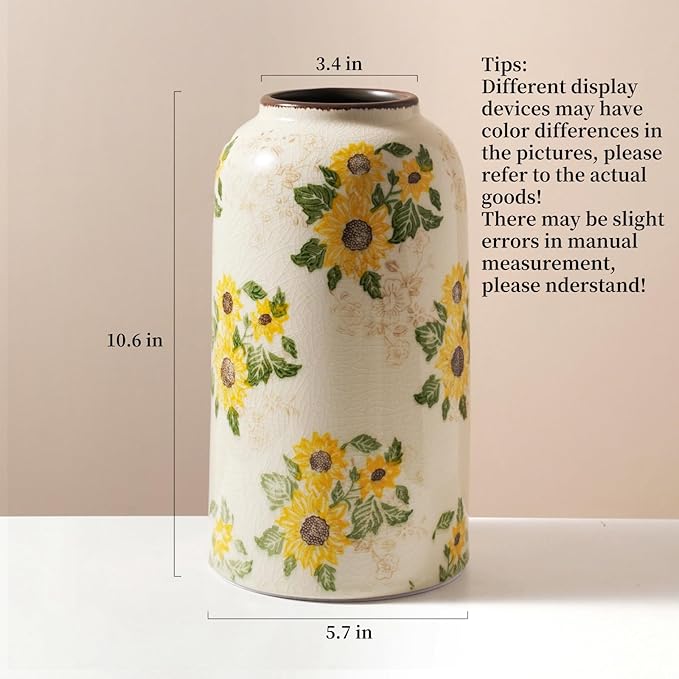 Vintage Ceramic Vase, 10.6 Inch Chinoiserie Sunflower Yellow Floral Vases, Retro Ice Cracked Rustic Antique Flower Vases for Modern Room Bathroom Shelf Home Decor (Large Cylinder)