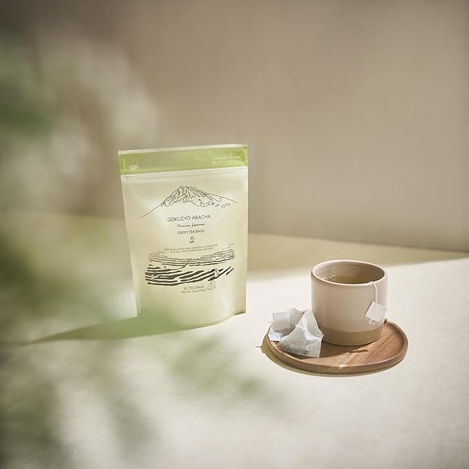 Japanese Green Tea Co. Aracha Gokuzyo Japanese Green Tea Bags (50 Pack) Biodegradable Soilon Pyramid Sachets, Premium Loose-Leaf Quality in Convenient Teabags, Rich Aroma & Flavor, Hot & Cold Brew