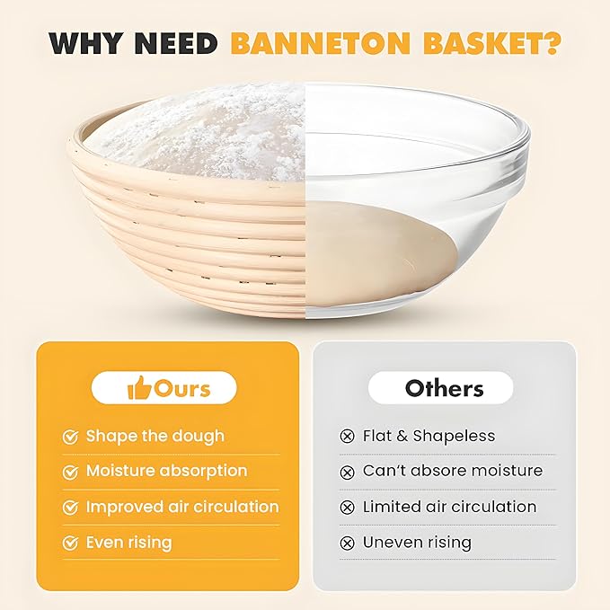 Sourdough Bread Baking Supplies, Sourdough Starter Kit, 9 Inch Round Banneton Basket with Cloth Liners, Dough Scrapers, Dough Whisk, Dough Cutter, Bread Lame for Making Baking Fermentation