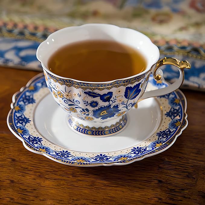 ACMLIFE Bone China Tea Set for 6, Blue and White Tea Set for Adults 24K Gold, Vintage Floral British English Cups and Saucers for Women Party or Gift Giving (Blue)