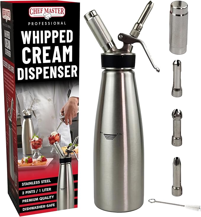 Chef Master (2 Pint / 1 Liter) Stainless Steel Whipped Cream Dispenser - Decorating Tips for Desserts, Latte + Cleaning Brush - Whip Cream Dispenser Canister for Home, Bakery or Restaurant - 90079