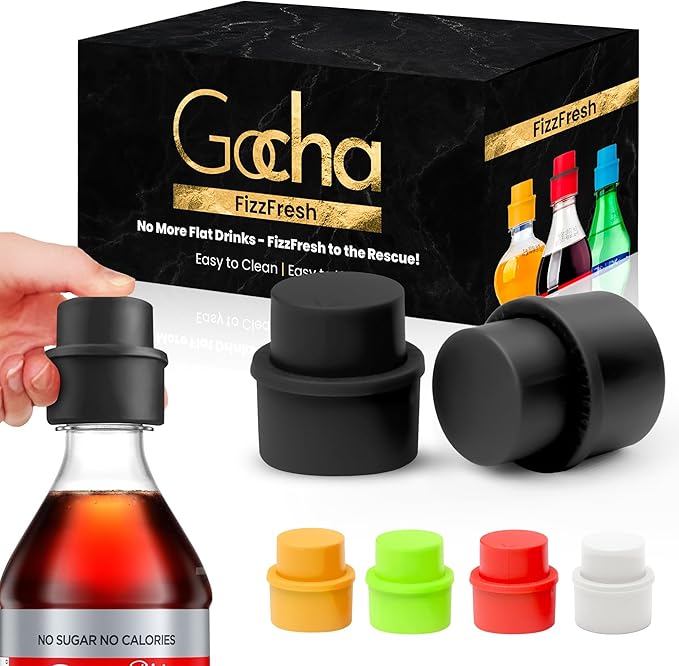 GOCHA | 2 PCS Vacuum Soda Bottle Stopper | Silicone Fizz Keeper | Carbonation Preserver for Soft Drinks & Beverages | Universal Leak-Proof Bottle Cap | (Black)