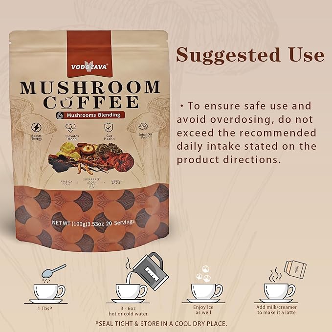 Instant Mushroom Coffee Powder Espresso Cafe Extract with Chaga Lions Mane Turkey Tail Shiitake Cordyceps Reishi 20 Servings