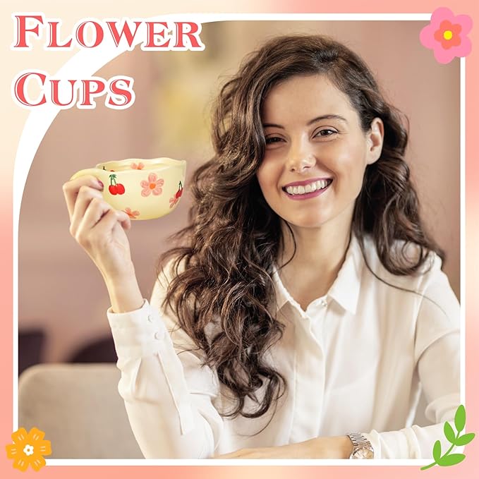 Ceramic Coffee Mug Set of 2 Vintage Flower Mugs 8 oz Cute Floral Coffee Mugs Irregular Latte Art Cup Lead-free Porcelain Cups for Cappuccino, Cocoa (Pink Cherry and Orange Flower)