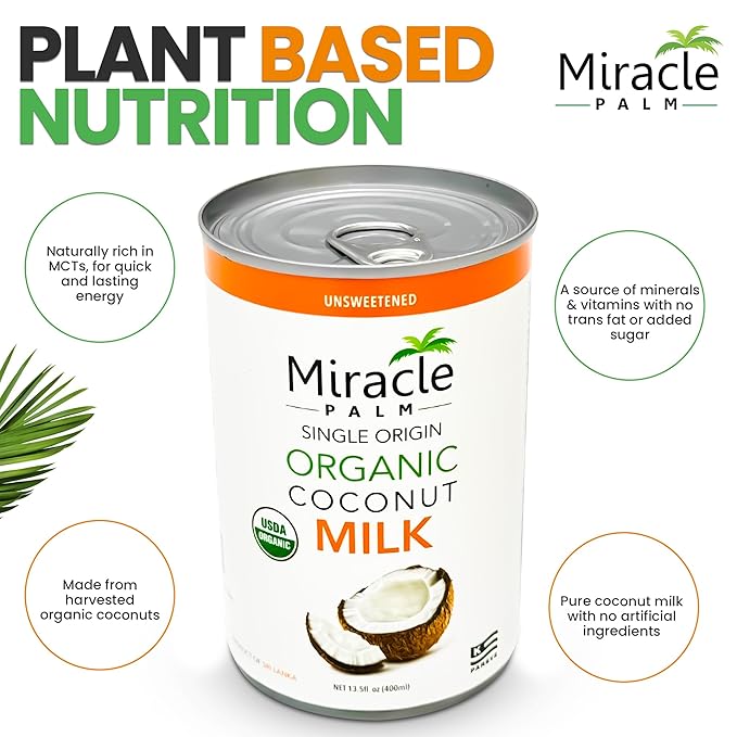 Miracle Palm Coconut Milk Unsweetened - Coconut Milk Canned, Additive Free Organic 13.5 Fl Oz (Pack of 3)