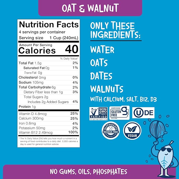 PLANTSTRONG Oat & Walnut Milk 32oz - NON-GMO - Plant Based, Vegan - Gluten Free Dairy Free - Shelf Stable - Lactose Free Milk - No Gums or Oils
