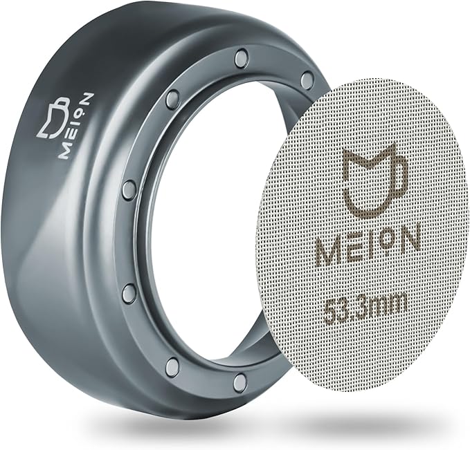 MEION 54mm Espresso Dosing Funnel and Puck Screen Set for 54mm Breville Portafilters, Magnetic Coffee Funnel, Reusable 53.3mm Espresso Puck Screen, Espresso Tools Espresso Accessories (Silver, 54mm)