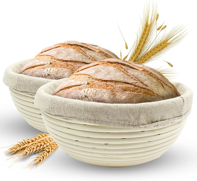 Banneton Bread Proofing Basket Sourdough Proofing Basket for Beginners & Professional Bakers, Handwoven Rattan Cane Bread Maker with Linen for Artisan Breads, 8.5 x 3 In, 1-Lb Round - Set of 2