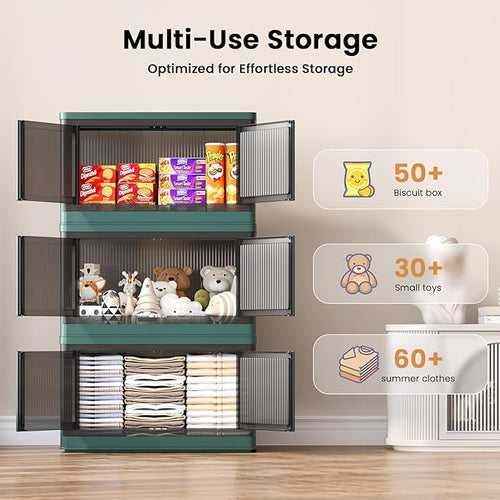 19Gal Collapsible Storage Bins with Lids & Wheels - 1 Pack Stackable with Doors, Heavy-Duty Plastic Containers for Home/Office, Green