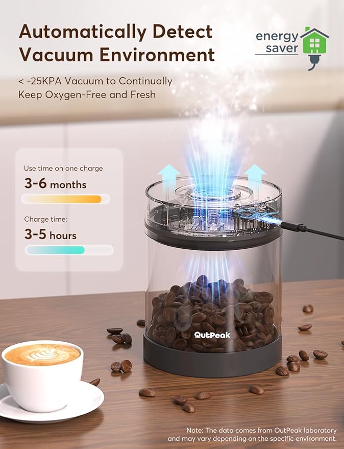 OUTPEAK Neo 2025 Auto Vacuum Coffee Canister, 0.5L for 4.6oz Coffee Beans, One-Button Operation, Small Airtight Coffee Canister with Scoop, Coffee Storage Container Stainless Steel (Champion's Choice)