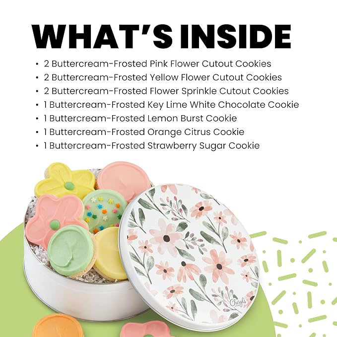 Cheryl's Cookies® Floral Cookie Gift Box Tin w/ 10 Buttercream-Frosted Flower Sugar Cookies, Fruit Flavored, Individually Wrapped, Gourmet, Handmade, Perfect for Any Occasion, Family & Friends