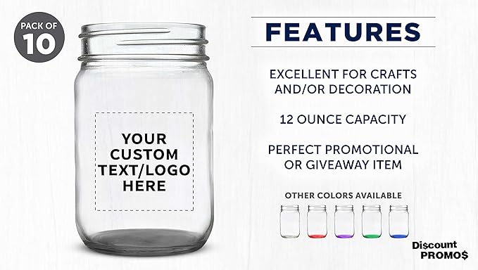DISCOUNT PROMOS Custom Decorating Mason Jars 12 oz. Set of 10, Personalized Bulk Pack - Glass Jars for Overnight Oats, Candies, Fruits, Pickles, Spices, Beverages - Black