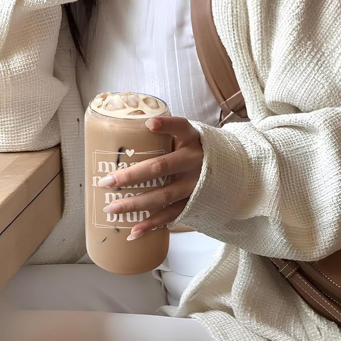 SANDJEST Mother Glass Can, Mama Mommy Mom Bruh Cup with Lid & Straw, Iced Coffee Aesthetic Cups, Idea Gift for Christmas Birthday Mother Day, Gifts for Women, 16oz