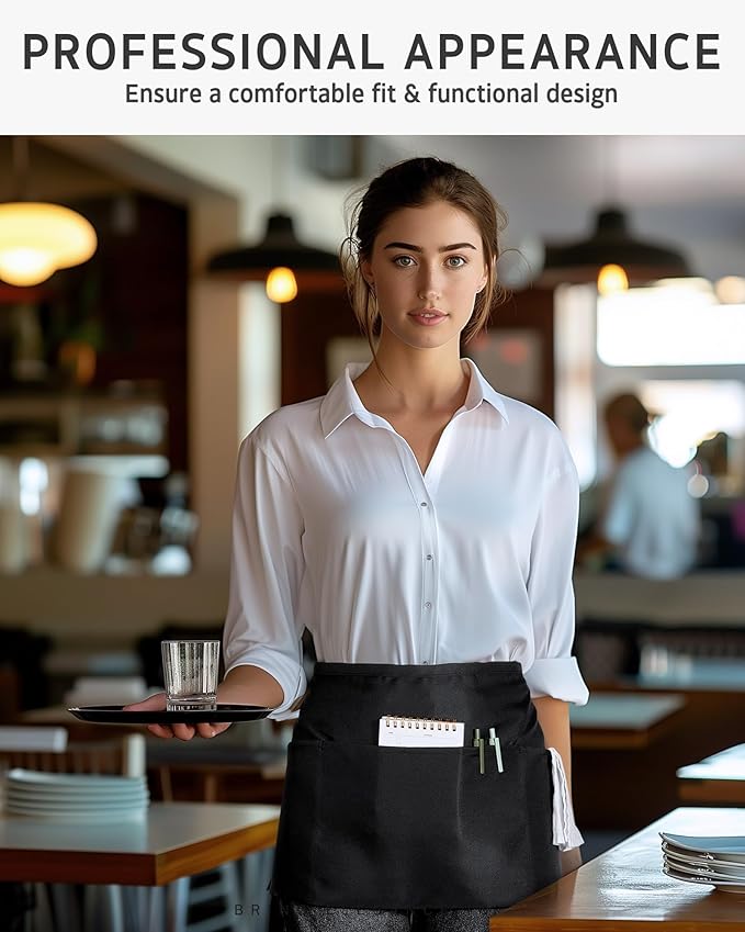 Syntus 3 Pack Server Aprons with 3 Pockets, Waterdrop Resistant Waitress Waiter Waist Apron, 11.5-inch Black