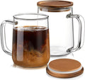 Glass Coffee Mugs, 16 oz Glass Coffee Cups with Acacia Wood Lids, Clear Borosilicate Glass Mugs with Handles for Cappuccino, Tea, Latte, Hot/Cold Beverages, Wine, Americano, Set of 2
