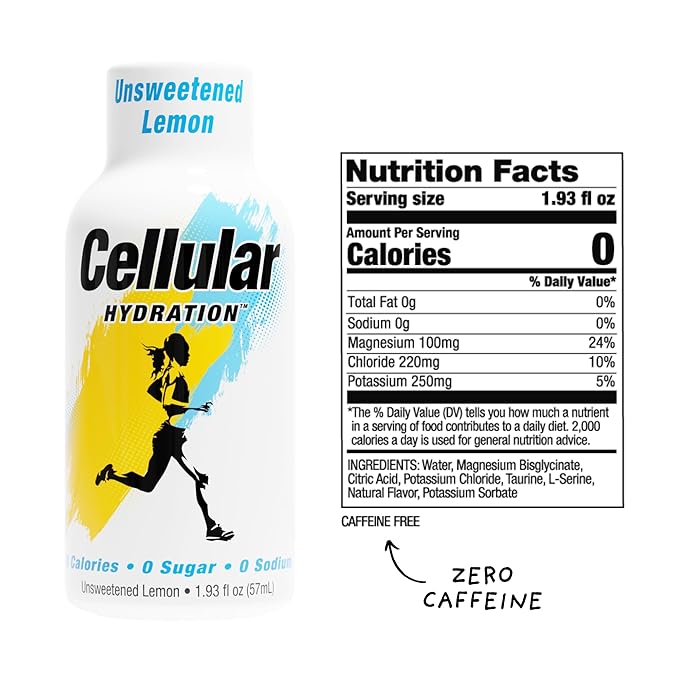 Cellular Hydration Shots Unsweetened Lemon Flavor – 24 Pack of 1.93 fl oz Shots – Electrolytes – Amino Acids – Zero Sugar – Zero Sodium – Vegan – Gluten-Free Hydration