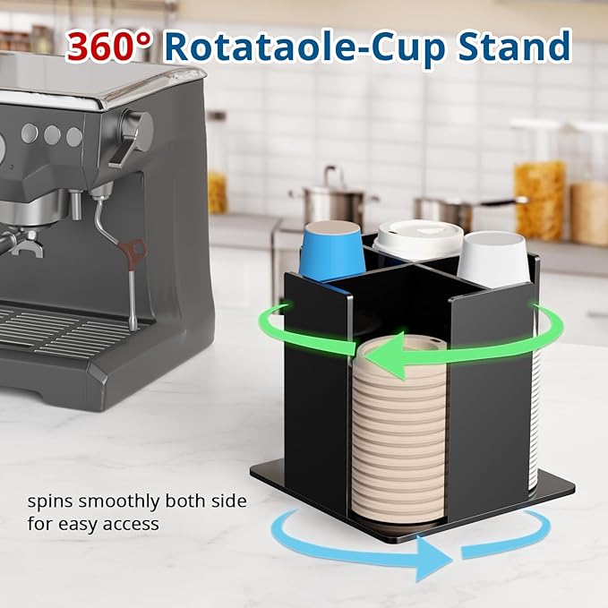 Cup and Lid Holder, 4 Compartment, Square | Rotating Coffee Cup Dispenser Lid Carousel for Restaurant, Buffet, Coffee Station, Bar, Countertop, Black Acrylic