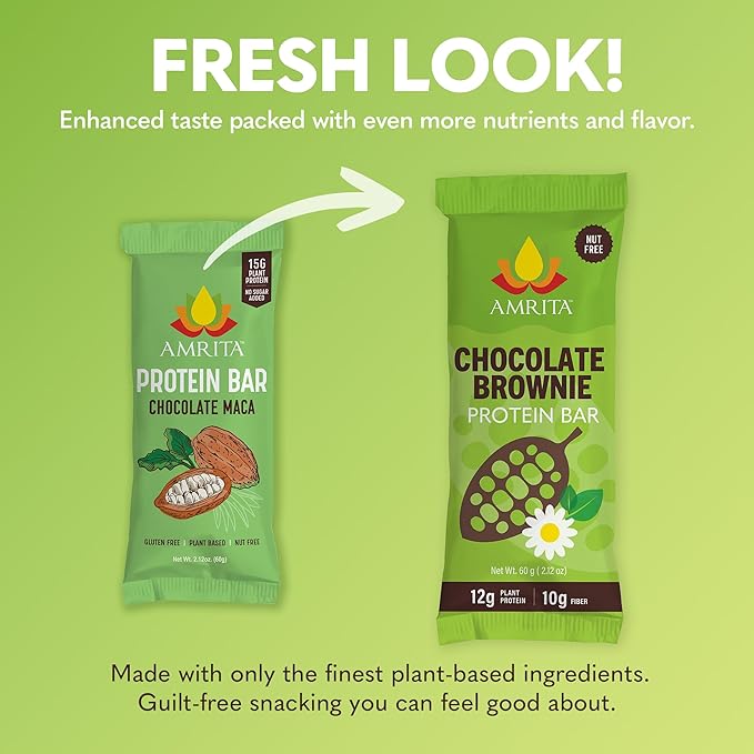 Amrita Nut Free Chocolate Brownie Vegan Protein Bars (12 Count) | 12g Plant-Based Protein Bar | Peanut Free, Gluten Free, and Dairy Free | Low Sugar, High Fiber, Healthy School-Safe Snacks