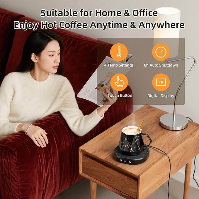 Coffee Mug Warmer & Unique Marbling Mug Set, Smart Heated Electric Cup Warmer for Desk Office, 4 Temperature Control Coffee Tea Beverage Warmer, 8 Hours Auto Shut Off, Christmas Birthday Gifts for Man