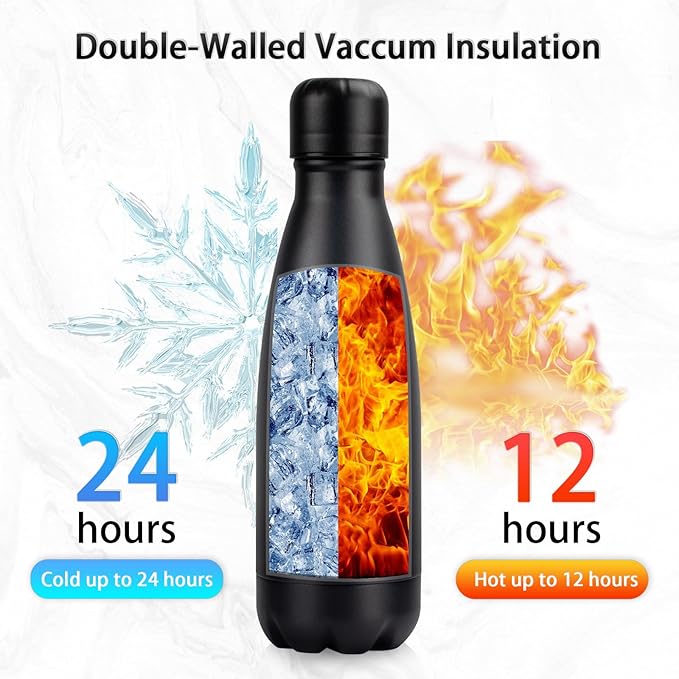 Insulated Water Bottle, 12oz Stainless Steel Water Bottles with straw lid, Metal Sports Water Bottles for Boys,Girls, Double Wall Vacuum BPA-Free Flask for School, Sports & Travel-Black