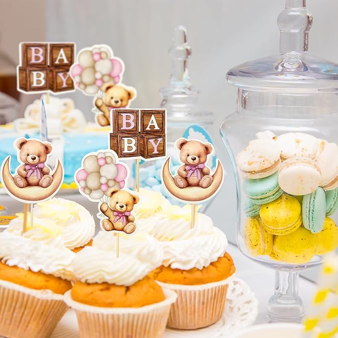 MEMOVAN Bear Baby Shower Cupcake Toppers 25pcs We Can Bearly Wait Cake Cupcake Topper Bear Cake Cupcake Decoration for Baby Girl We Can Bearly Wait Bear Theme Birthday Baby Shower Gender Reveal Party