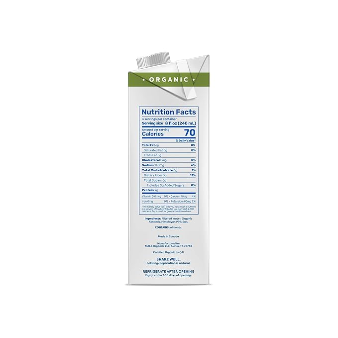 MALK Shelf Stable Organic Unsweetened Almond Milk - 32 Fl oz - Non GMO - Gum Free, No Fillers, Oil Free
