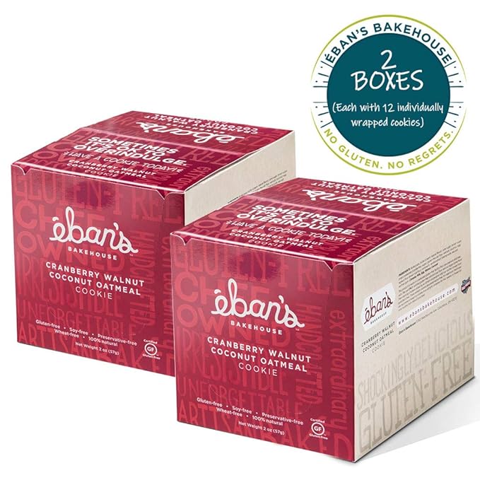 Eban’s Fresh Baked Gluten-Free Cookies - 24 Large Cookies (2 Boxes of 12) - Soft and Chewy, Individually Wrapped, Gourmet, Preservative Free, Non-GMO (Cranberry Walnut Coconut Oatmeal)