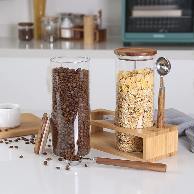 KKC HOME ACCENTS Clear Glass Food Storage Canisters with Airtight Wooden Lids and Scoops,Air Tight Sealed Glass Canisters with Spoons for Ground Coffee and Beans,Loose Tea,Flour,Sugar,47 Fl oz