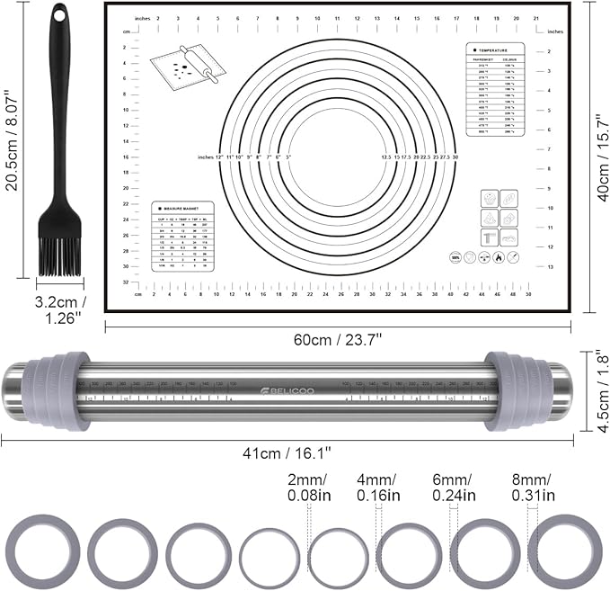 Rolling Pin and Silicone Pastry Mat Set, Adjustable Stainless Steel Dough Roller Pin with Silicone Brush for Pizza, Pie, Cookie, Pasta and Bread (Grey, 16.1 '')